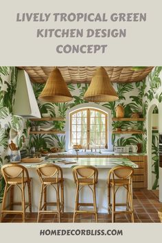 Tropical kitchen interior with leafy wallpaper, wicker pendant lights, and rattan chairs around an island.