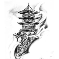 a black and white drawing of a pagoda