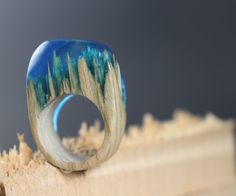 a wooden ring sitting on top of a piece of wood with trees in the background