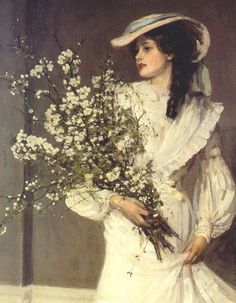 a painting of a woman holding a bouquet of flowers