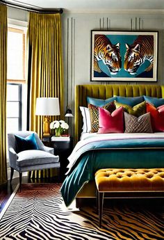 a bedroom with zebra print rugs and green bedding in front of a painting on the wall