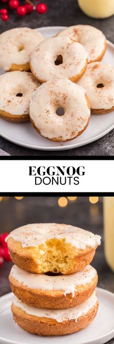 Two image collage of eggnog donuts. First image shows the donuts on a plate. Second image shows a stack of donuts with the top one having a bite out of it. Holiday Donuts, Easy Holiday Baking, Cake Mix Donuts, Christmas Donuts, Donuts Recipe