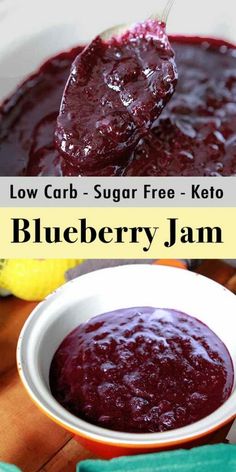 low carb sugar free keto blueberry jam in a bowl with a spoon