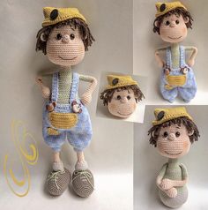 three pictures of a crocheted doll wearing overalls and a hat