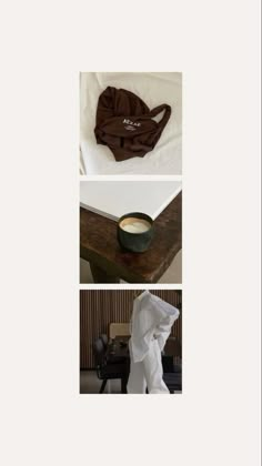 three different pictures with coffee and cloths on them