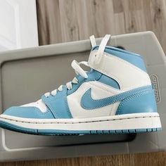 Jordan 1 Blue Good Condition Supper Cute Love Them J Don't Wear Them Enough! Recently Relaced Box Included/Tag Verification Women High Top Sneakers, Shoes Jordan 1, Rave Shoes, Jordan 1 Blue, Custom Sneakers Diy, Jordan Blue