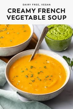 two bowls filled with creamy french vegetable soup