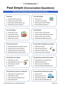 the past simple conversation questions are shown in this printable worksheet for kids