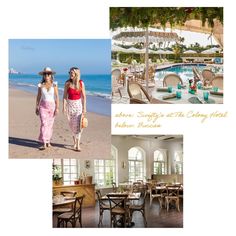 two women walking on the beach next to tables and chairs