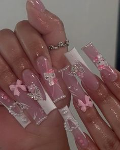 Stilleto Nails Hello Kitty, Cute Nails For Work, Hello Kitty Baddie Nails, Nails Long Hello Kitty, Cute Core Nails, Kawaii Acrylics, Nail Ideas For Birthday, Long Hello Kitty Nails, Hello Kitty Pink Nails