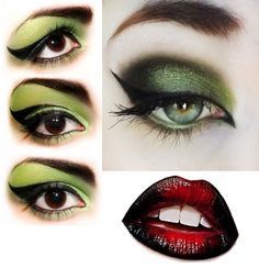 Witch make up green eyes and red & black lips for Halloween Make Up Green Eyes, Make Up Green, Makeup Chart, Makeup Verde, Makeup Meme, Downturned Eyes, Revolution Palette, Makeup Mask, Halloween Makeup Witch