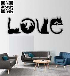 a living room with two couches, chairs and a love sign on the wall