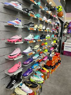 there are many different shoes on the shelves