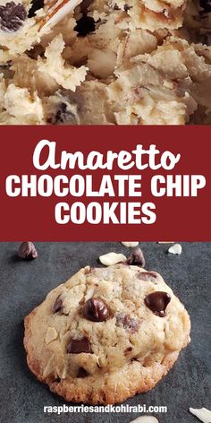 an image of chocolate chip cookies with text overlay that reads amarettoo chocolate chip cookies