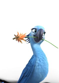 a blue bird is holding a flower in its beak and looking at it's face