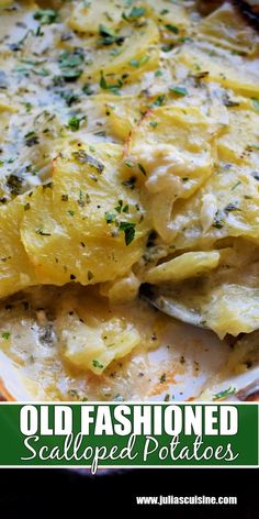 an old fashioned baked potato casserole is shown with the title in the middle