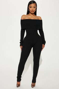 How To Style Black Jumpsuit, Black Jumper Outfit, Off Shoulder Outfit, Black One Piece Jumpsuit, Off The Shoulder Jumper, Jumper Outfit, Fashion Nova Outfits, Off The Shoulder Long Sleeve, Black Jumper