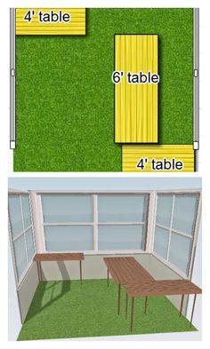 an outdoor table and bench are shown with measurements for each piece in the yard, including four tables