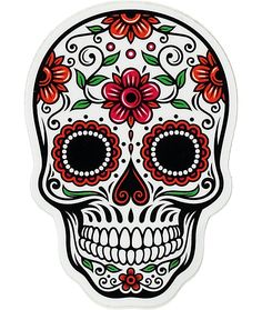 a sticker with a skull and flowers on the front, in blue and purple colors