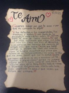 an old piece of paper with writing on it that says te amo in spanish