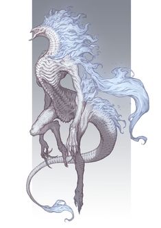 a drawing of a white dragon with blue hair on it's head and tail