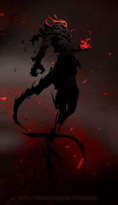 an animated image of a demon with blood on it's face and tail, standing in front of a dark background