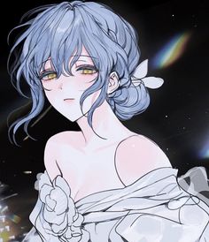 an anime character with blue hair wearing a white dress and holding a flower in her hand