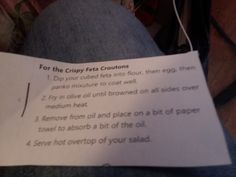 a piece of paper with instructions on how to use the gravy feta croutons