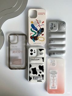 cell phone cases are laid out next to each other on a white surface with various labels