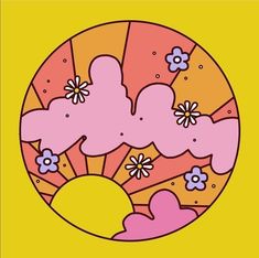 the sun and flowers are in a circle on yellow background with pink, orange, and blue colors