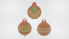 three decorated christmas ornaments are shown on a white background with space for text or image