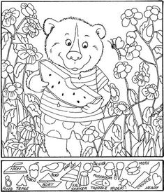 a coloring page with a bear holding a piece of fruit in it's hands