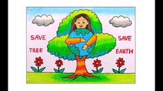 a drawing of a woman hugging a tree with the words save earth written on it