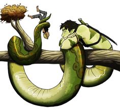 a man on top of a tree branch next to a large snake and another person