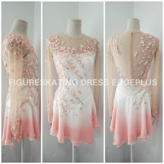 three different views of the back of a dress with pink and white flowers on it