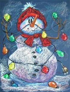 a drawing of a snowman wearing a red hat and scarf with christmas lights around his neck