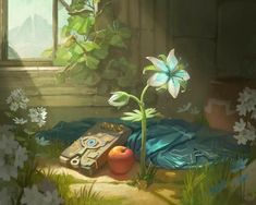 a painting of a flower and an object on the ground in front of a window