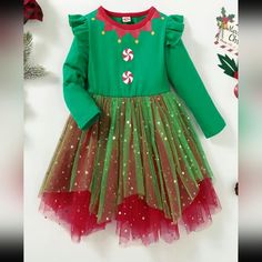 Brand New! Never Been Worn Or Washed! Boutique Item! Size: 4-5 Years Beautiful Tulle Star Sparkly Dress! Great For Christmas Photos And Parties! The Top Mimics The Look Of An Elf With Cute Peppermint Buttons! Soft Material! Open To Offers And Bundles! Comes From A Smoke-Free Home! Star Gender, Toddler Girl Christmas Dresses, Light Up Dresses, Red Long Sleeve Dress, Braid Wig, Old Outfits, Disney Handbags, Girls Christmas Dresses, Box Braid