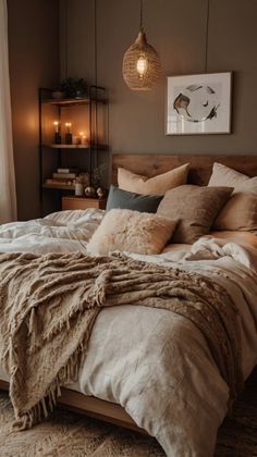 a large bed sitting in a bedroom next to a window with candles on top of it