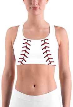 This gorgeous sports bra is made from moisture-wicking material that stays dry during low and medium intensity workouts. The bra has support material in the shoulder straps, double layer front, and a wide elastic band to ensure constant support. Softball Stitches, Bra Crafts, Baseball Stitch, Diy Mothers Day Gifts, White Sports Bra, Womens Leggings, Black Sports Bra, Sport Bh, Sport Bra