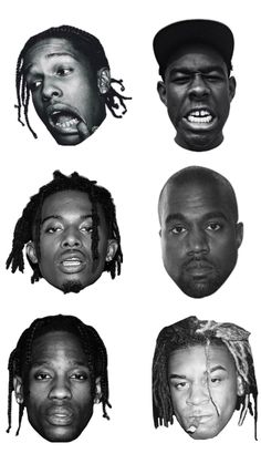 four different faces with dreadlocks on each face and one is wearing a hat