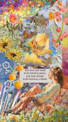 a collage with flowers and words written on the side, including an image of a woman