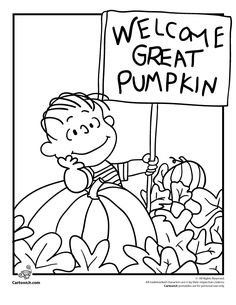 a black and white drawing of a boy holding a sign that says welcome great pumpkin