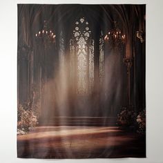 an image of a church with sunlight coming through the windows and flowers on the floor