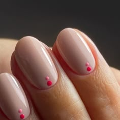 Pink Minimal Nail Art, Simple Dots Nails, Minimal Design Nail Art, Nails With Two Dots, Subtle Short Nail Designs, Single Dot Nail Art, Simple Nail Designs Regular Polish, Short Dot Nails, Natural Nails With Dots