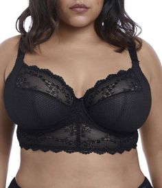 From Elomi&#x2C; this bralette features:Light diamond mesh with stretch laceLow plunge necklineSmall bow accent at center gore3-section cupsUnderwire supportWings have no boning&#x2C; but cut close to avoid rollingHook-and-eye back closureNylon/elastaneHand washSize 34G has 3 columns and 4 rows of hooksSizes 34GG-H&#x2C; 36G-H&#x2C; 38G-H&#x2C; 40G-H have 3 columns and 5 rows of hooksImported. Elomi Bras, Black Bras, Lace Bridal Robe, Body Bra, Creative Hair Color, Bra Hacks, Big Bra, Seductive Clothes, Longline Bra