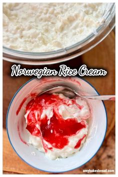 two bowls filled with ice cream and strawberries