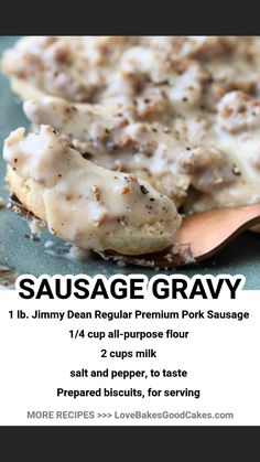 sausage gravy recipe on a plate with a wooden spoon in the foreground