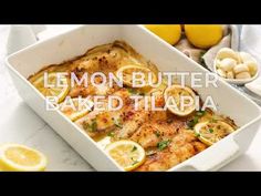 lemon butter baked tilada in a white dish