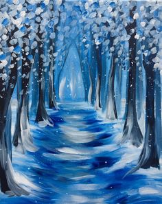 an acrylic painting of a winter scene with trees and snow on the ground